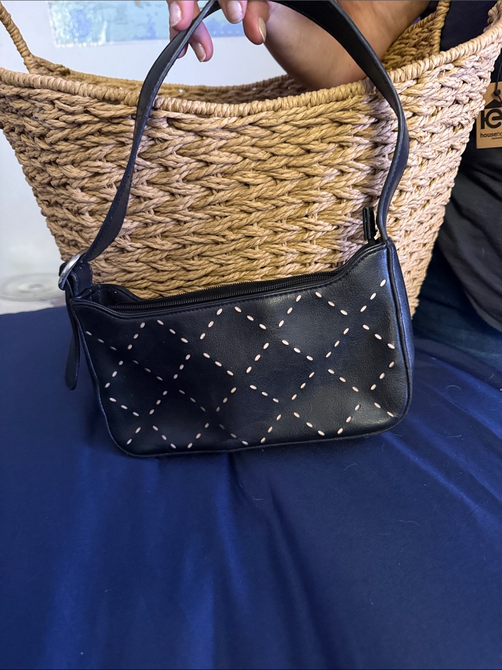 Black Quilted Shoulder Bag with Contrast Stitching